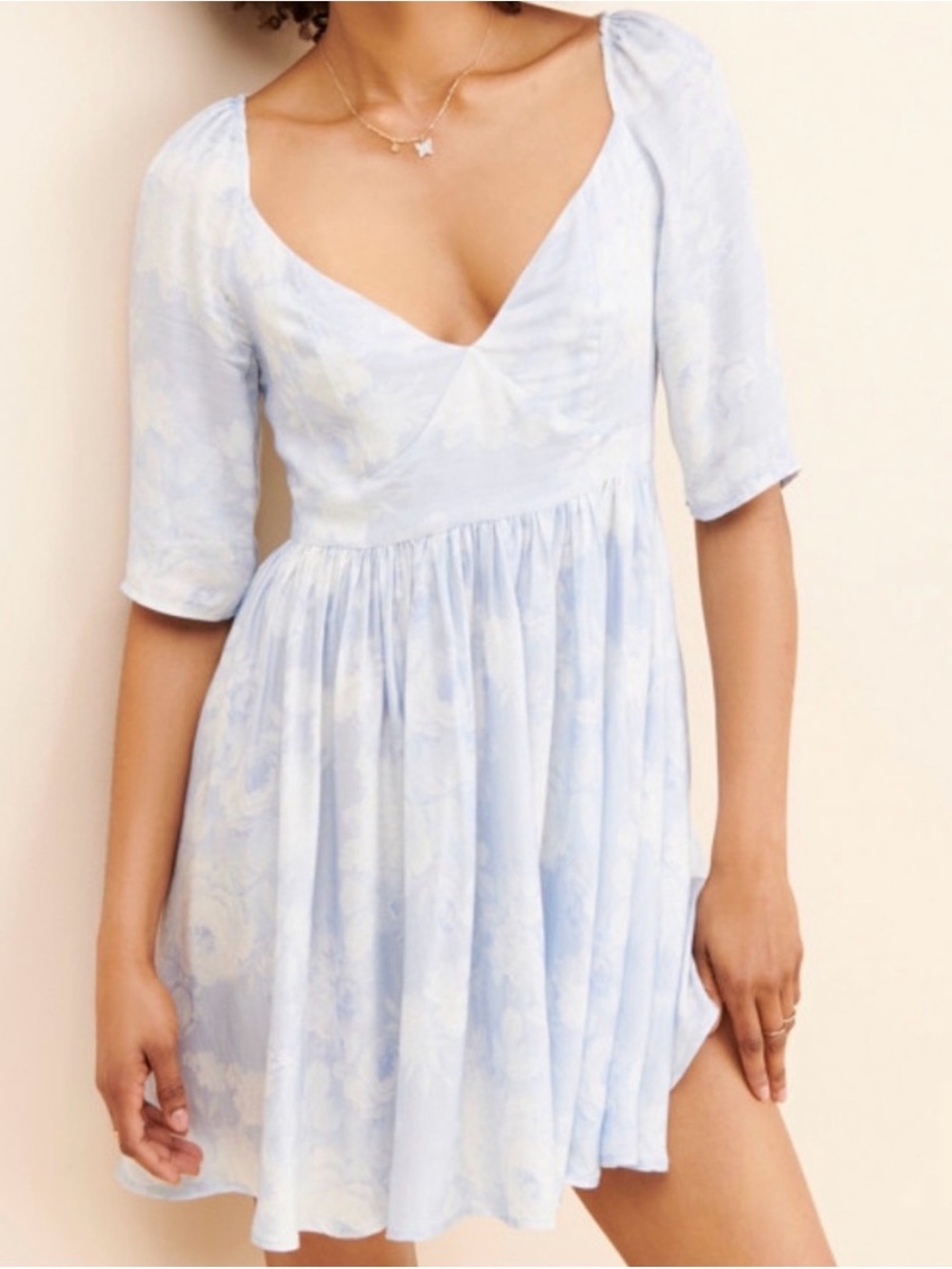 Maison Amory Light Blue Floral V-Neck Mini Dress